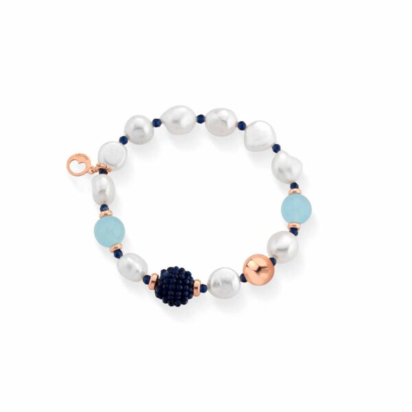 Bracciale con perle d’acqua dolce, argento rosa,spinello blu e giada azzurra