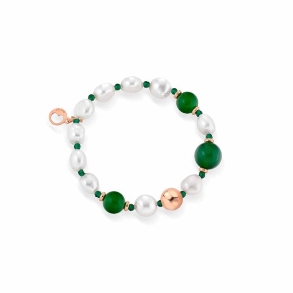 Bracciale con perle d’acqua dolce,argento rosa, spinello verde e giada verde