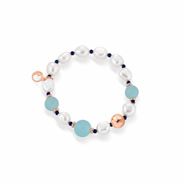 Bracciale con perle d’acqua dolce,argento rosa,spinello blu e giada azzurra