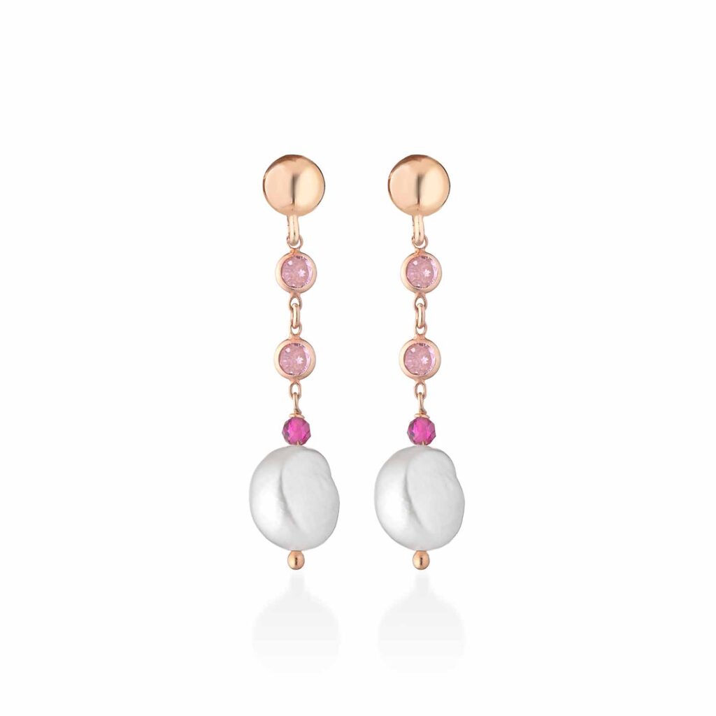 Orecchini in argento rosa, zirconi colorati e perle d’acqua dolce