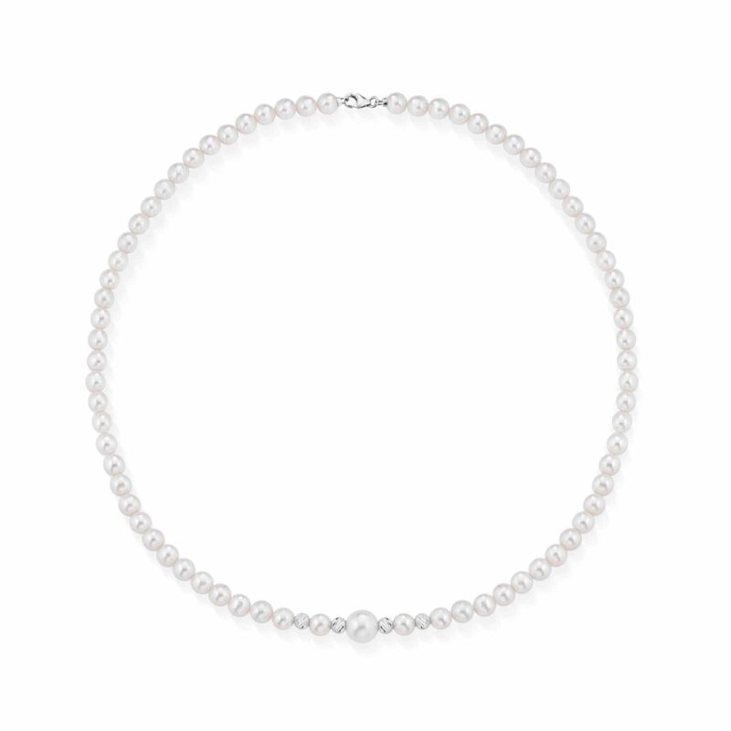 Collana con perle coltivate d'acqua dolce con sfere e chiusura in oro bianco 18kt