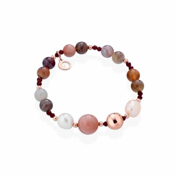 Bracciale con perle d'acqua dolce, AG925 rosa, spinello ciliegia, moonstone e agata Botswana