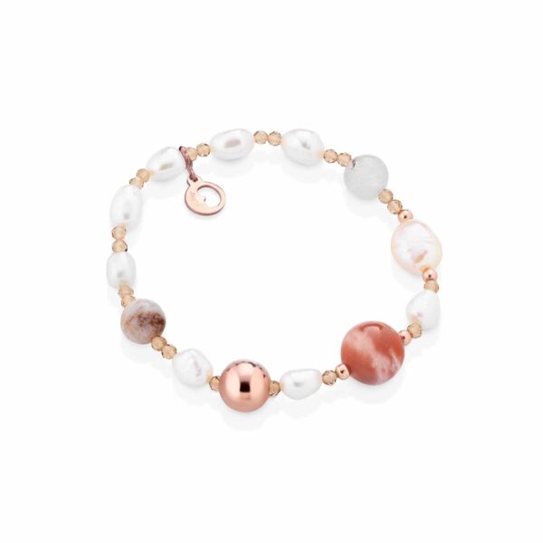 Bracciale con perle d'acqua dolce, AG925 rosa, spinello miele, moonstone e agata striata