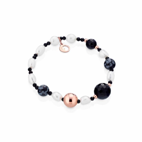 Bracciale con perle d'acqua dolce, AG925 rosa, spinello nero, agata nera e ossidiana