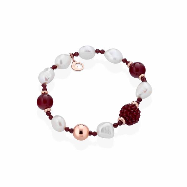 Bracciale con perle d'acqua dolce, AG925 rosa, spinello ciliegia e giada rossa