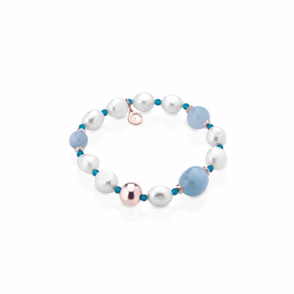 Bracciale elastico con perle d'acqua dolce, acquamarina ed argento rosa