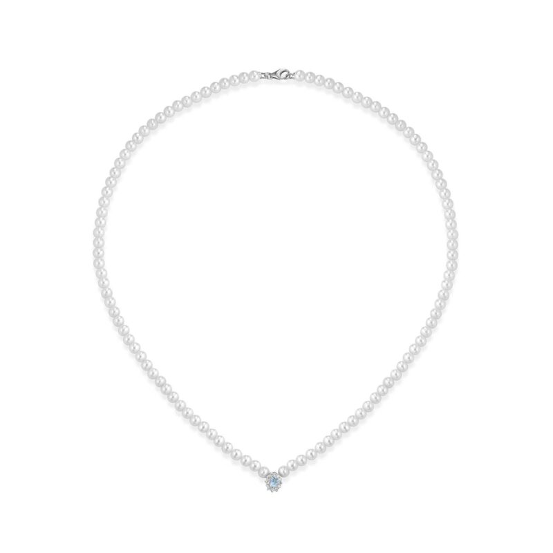 Collana con perle d'acqua dolce, elemento centrale con pietra preziosa, diamanti e oro bianco 18 kt