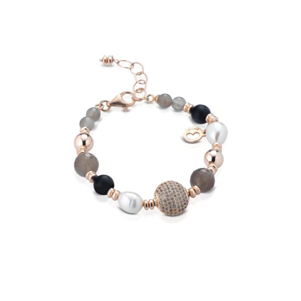 Bracciale con perle d'acqua dolce, ema, el zirc, quarzo fumè, onice, agata ed argento rosa