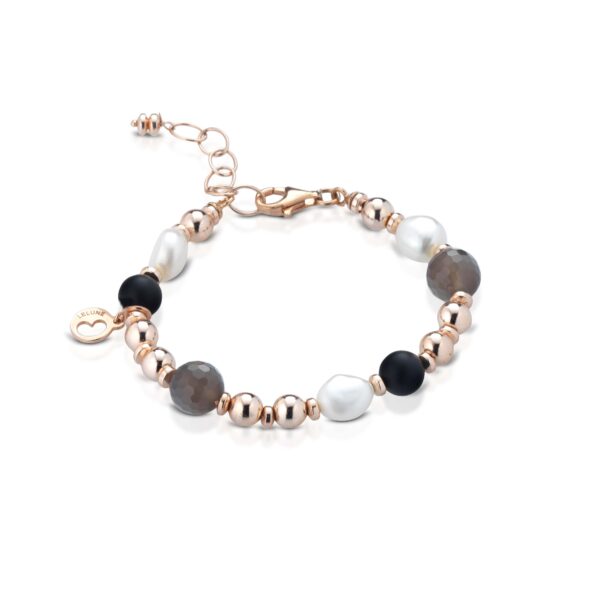 Bracciale con perle d'acqua dolce, ema, quarzo fumè, onice ed argento rosa