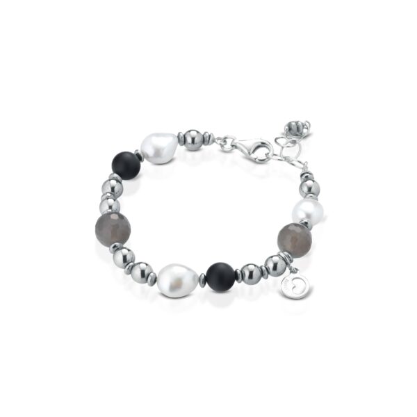 Bracciale con perle d'acqua dolce, ema, quarzo fumè, onice ed argento rosa