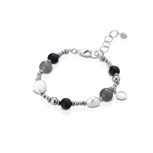 Bracciale con perle d'acqua dolce, ema, quarzo fumè, onice ed argento rosa